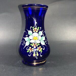 Vintage 3.5” Cobalt Blue Glass Bud Vase Raised Hand‑Painted Flowers Czech Rep.
